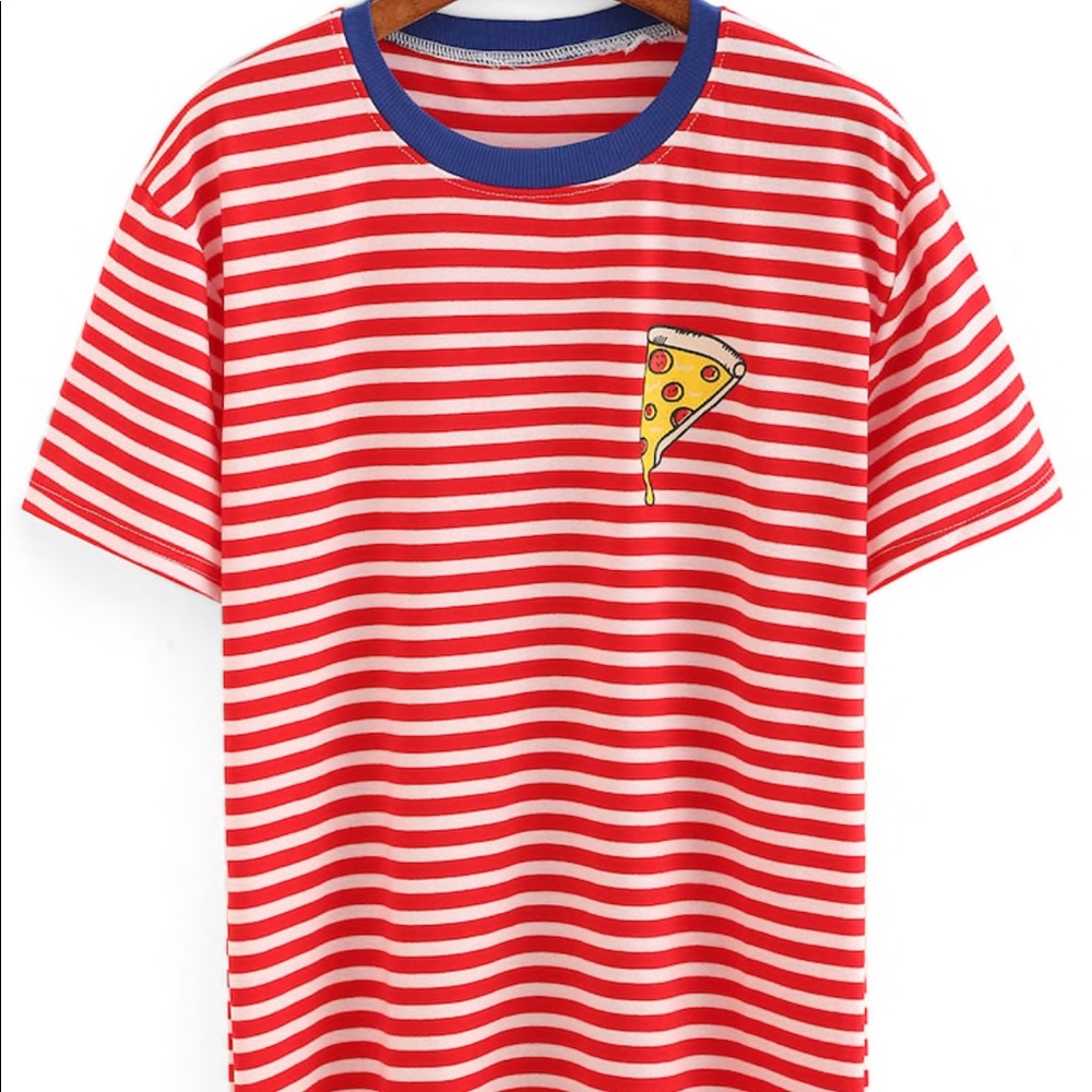 Contrast neck pizza print striped t-shirt